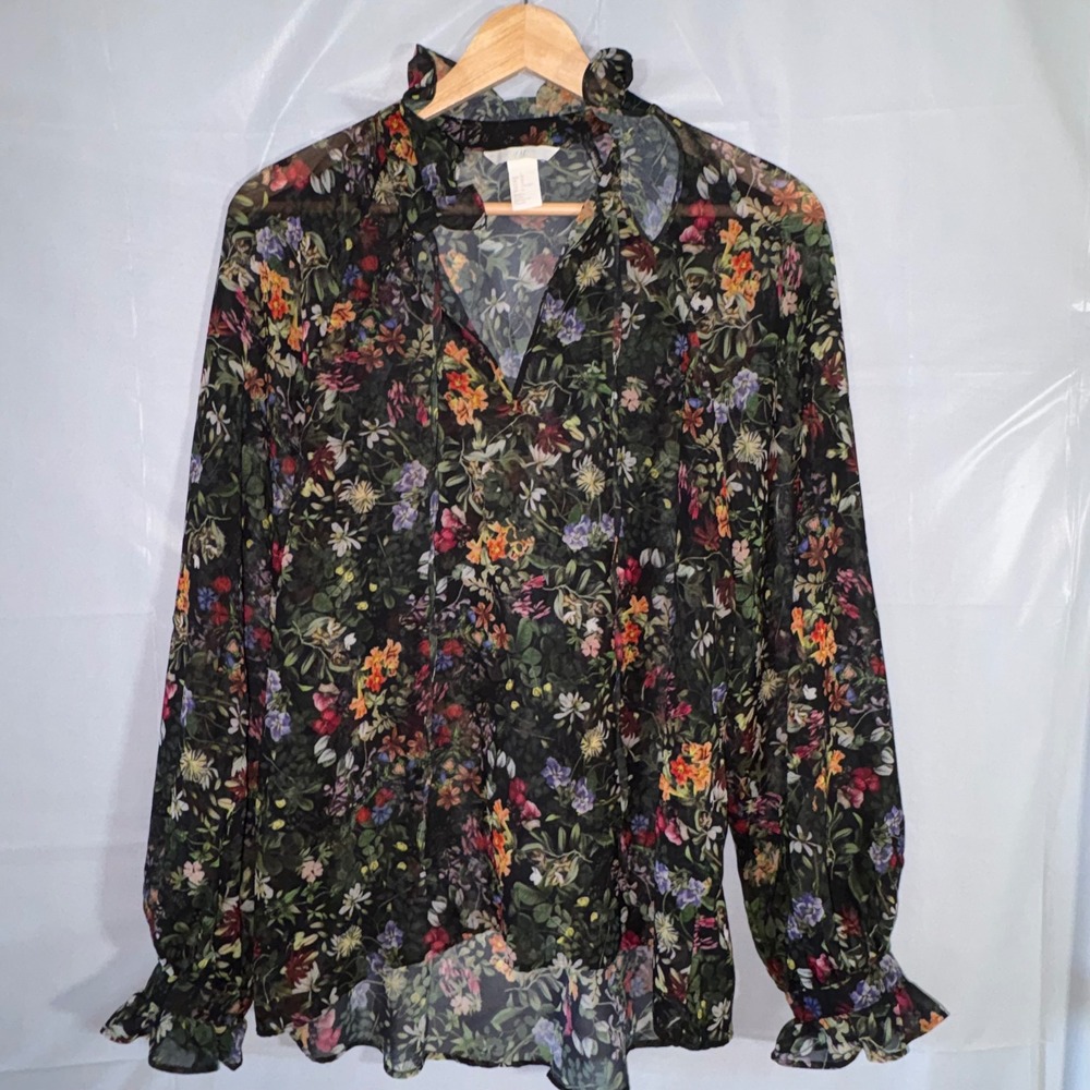 HM Floral Ruffle Neck Blouse Sz 10 Sheer Long Sleeve Tie V-Neck Black Multi